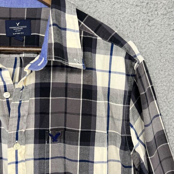 American Eagle Shirt Mens Large Gray Blue White Plaid Checkered Button Down Logo - Picture 3 of 11